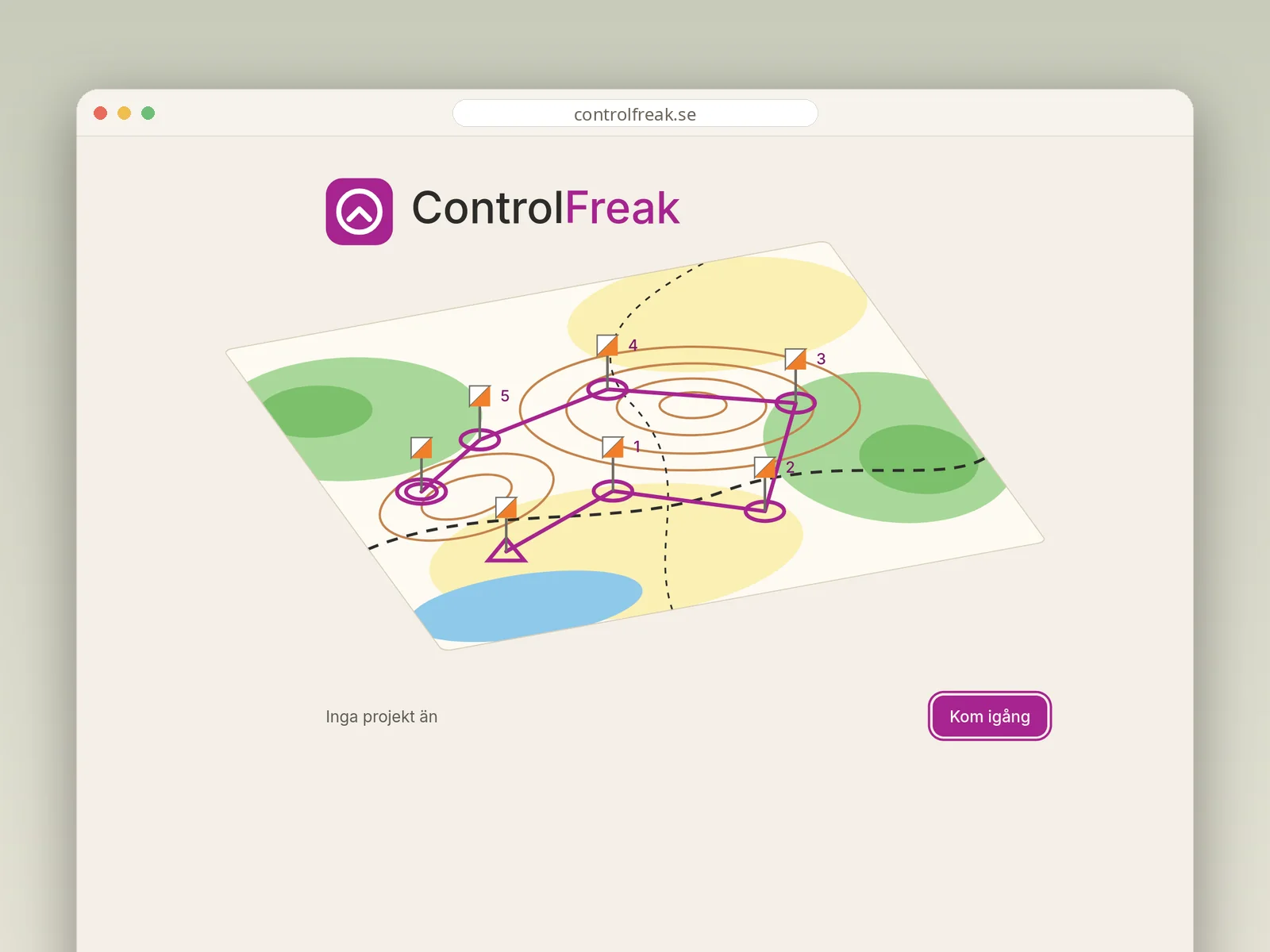 Skärmdump av Controlfreak: orienteringskarta med utlagd bana och kontroller