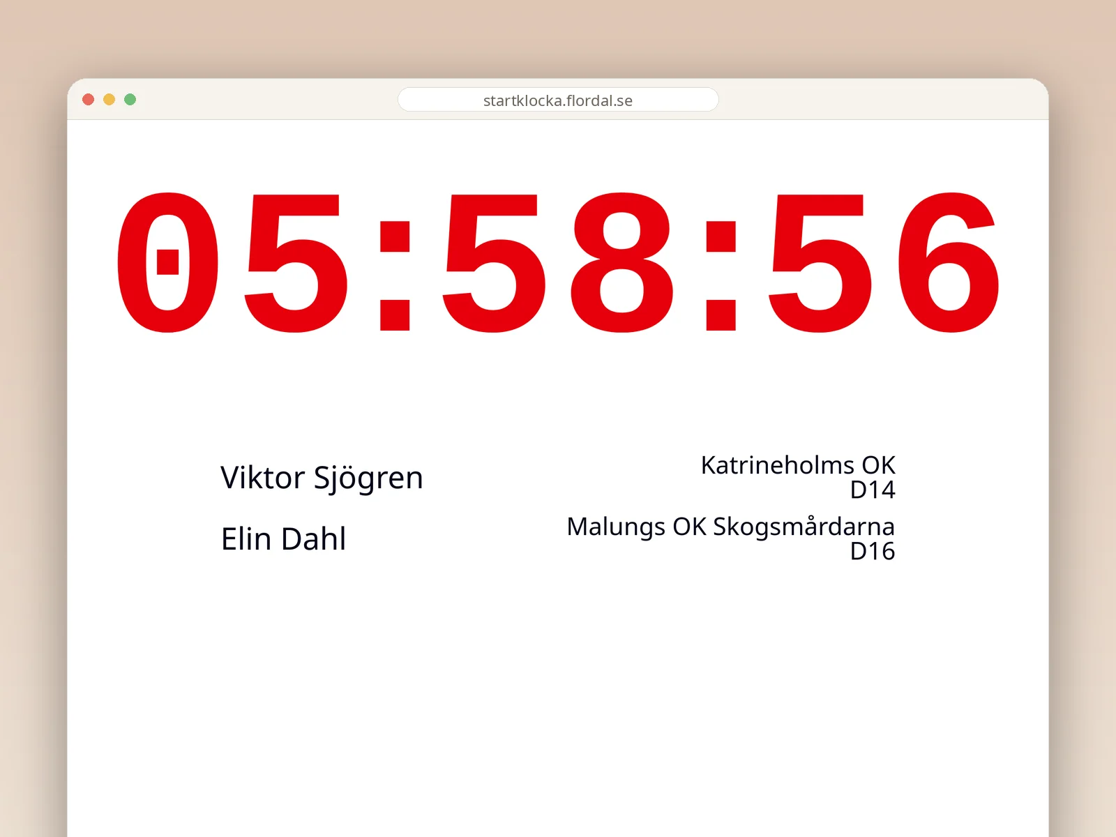 Skärmdump av Startklocka: stor röd digital klocka med startlista under